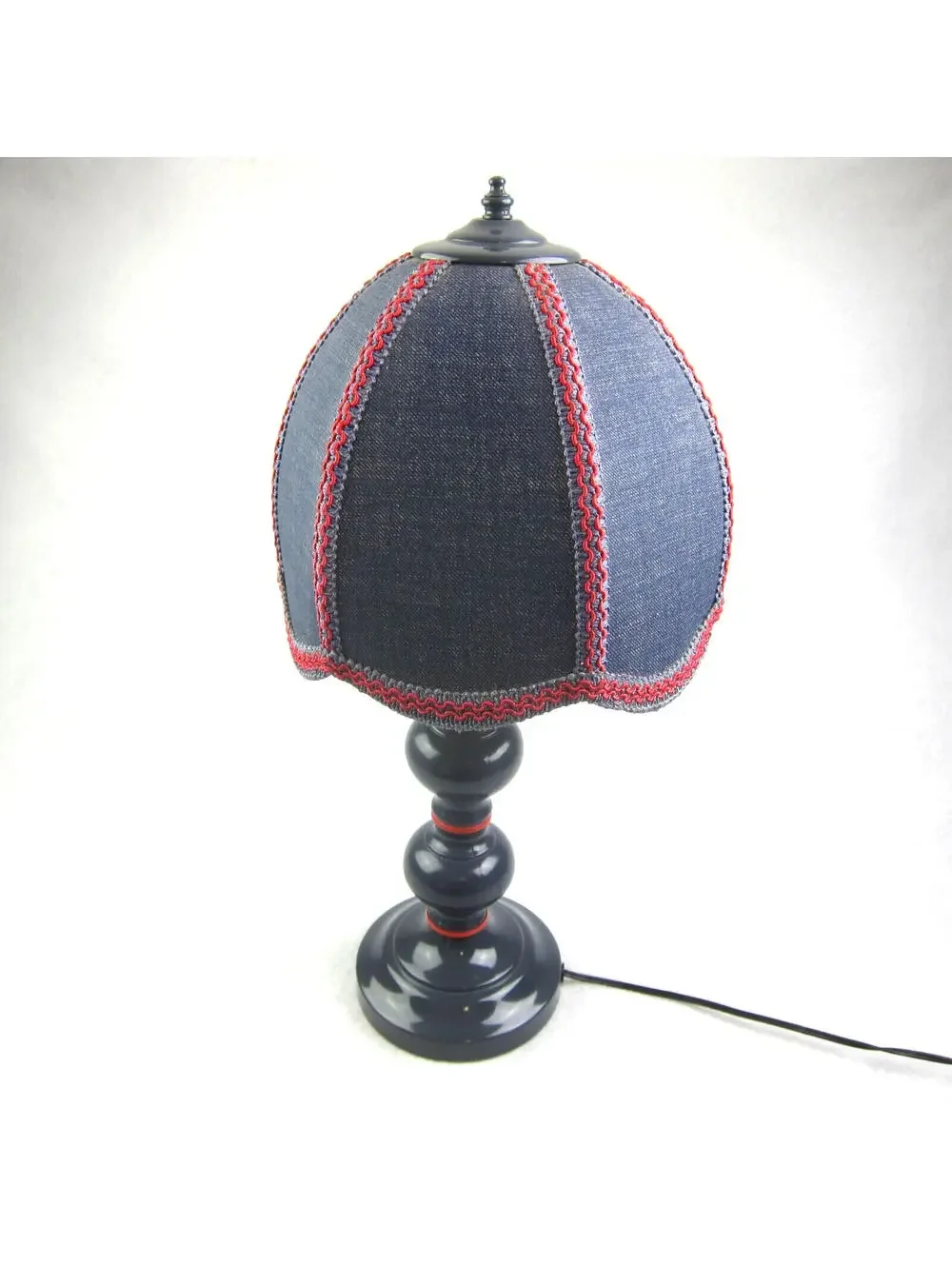 Vintage Country Table Lamp Blue & Red Denim Dome Clip On Shade Pillar WORKS
